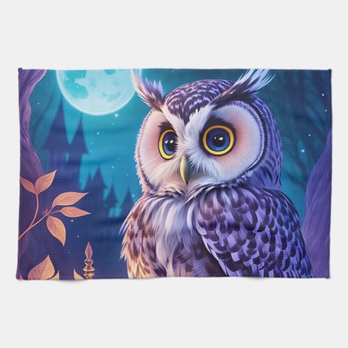 Elegant Blue Purple Magical Owl Comic AI Art  Kitchen Towel