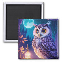 Elegant Blue Purple Magical Owl Comic AI Art  Magnet