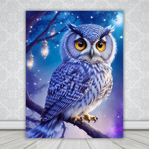 Elegant Blue Purple Magical Owl Comic AI Art Poster