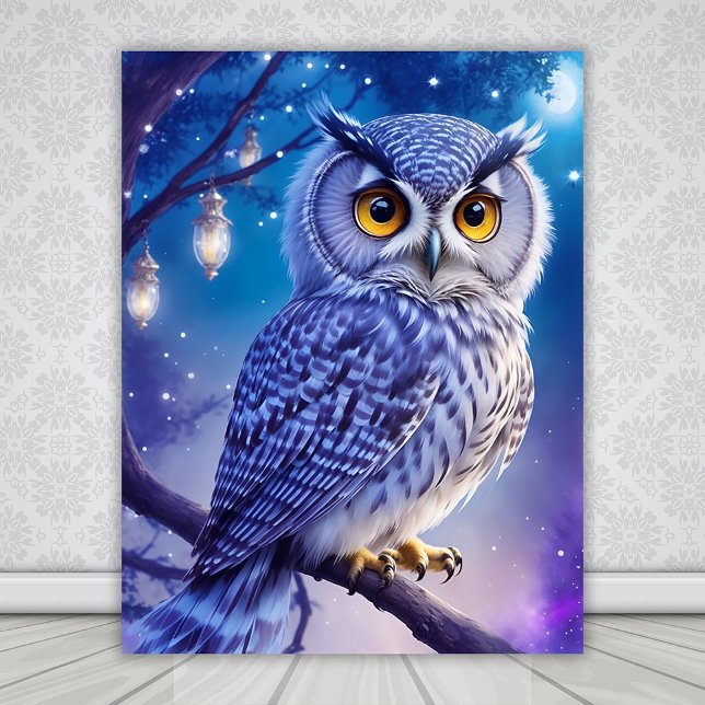 Elegant Blue Purple Magical Owl Comic AI Art  Poster (Creator Uploaded)