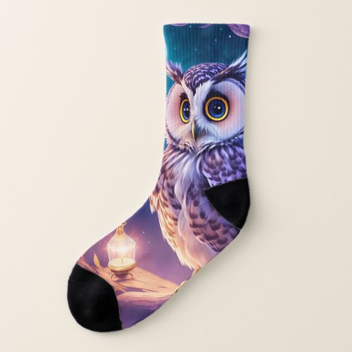 Elegant Blue Purple Magical Owl Comic AI Art  Socks