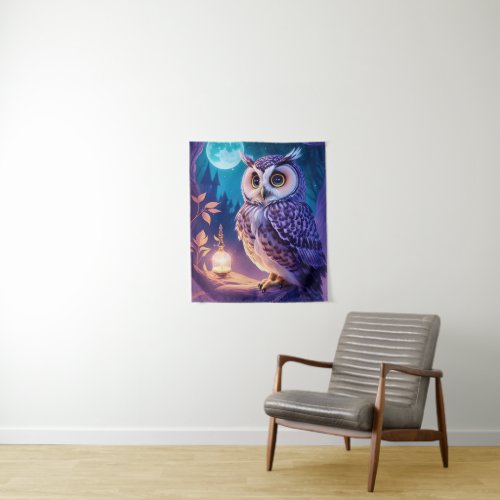Elegant Blue Purple Magical Owl Comic AI Art  Tapestry