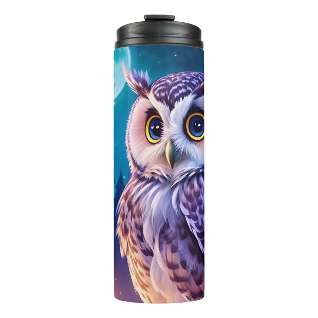 Elegant Blue Purple Magical Owl Comic AI Art  Thermal Tumbler (Front)