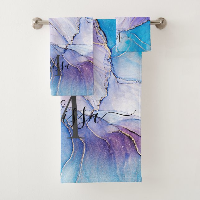 Elegant Blue & Purple Marbled Alcohol Ink  Bath Towel Set (Insitu)