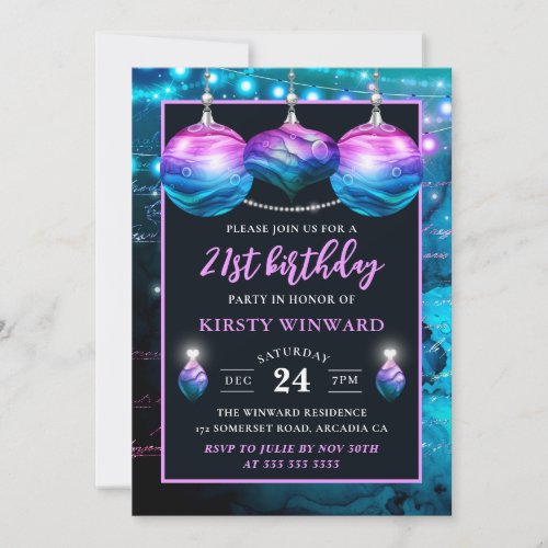 Elegant Blue  Purple Mermaid Baubles Birthday Invitation