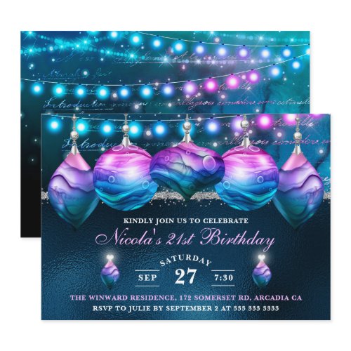 Elegant Blue &amp; Purple Mermaid Baubles Birthday Invitation
