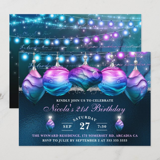Elegant Blue & Purple Mermaid Baubles Birthday Invitation (Front/Back)