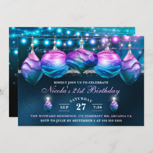 Elegant Blue & Purple Mermaid Baubles Birthday Invitation