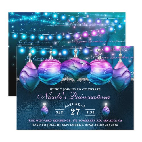 Elegant Blue &amp; Purple Mermaid Baubles Quinceanera Invitation