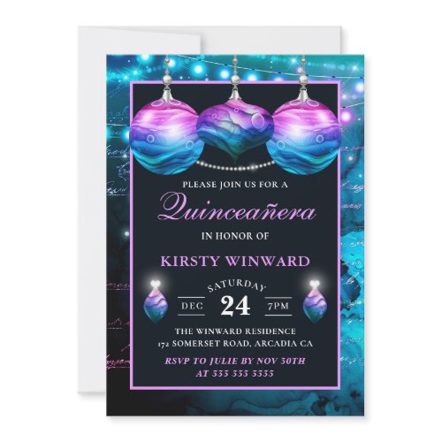 Elegant Blue &amp; Purple Mermaid Baubles Quinceanera Invitation