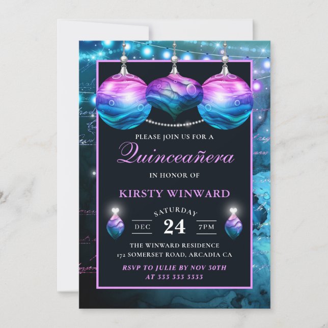 Elegant Blue & Purple Mermaid Baubles Quinceanera Invitation (Front)
