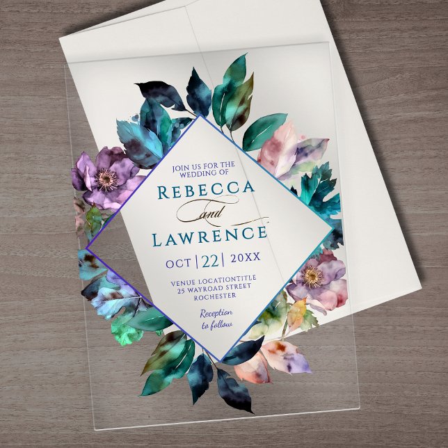 Elegant blue purple moody wedding acrylic invitations (Creator Uploaded)