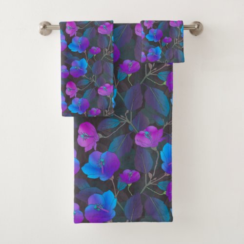 Elegant Blue Purple Pink Flowers Bath Towel Set