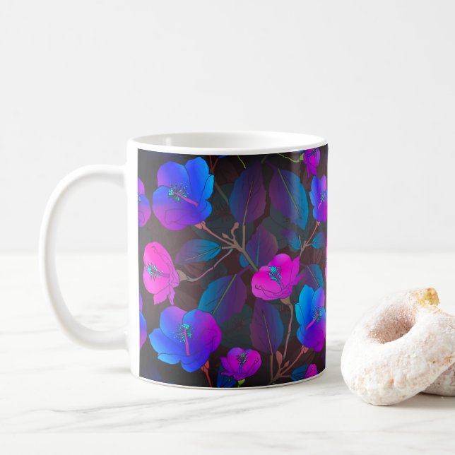 Elegant Blue Purple Pink Flowers Coffee Mug (With Donut)