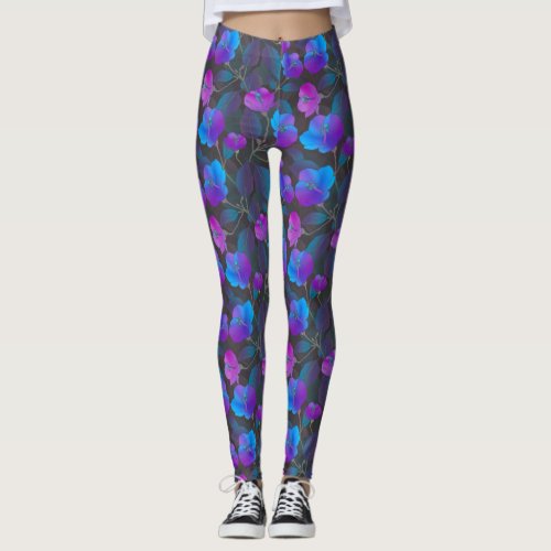 Elegant Blue Purple Pink Flowers Leggings