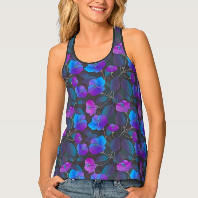 Elegant Blue Purple Pink Flowers Racerback Tank Top (Front)