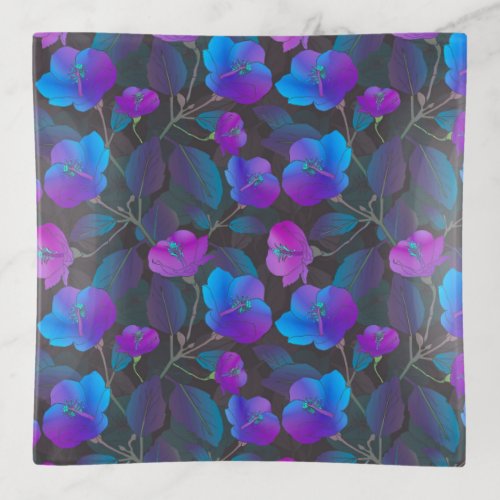 Elegant Blue Purple Pink Flowers Trinket Tray