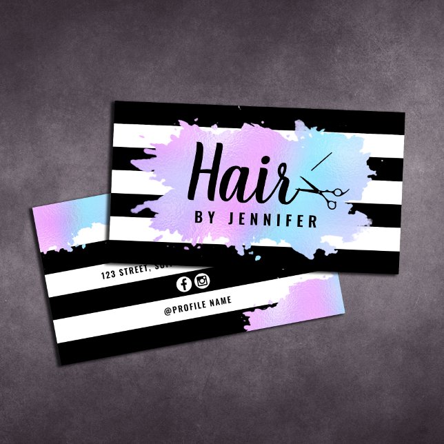 Elegant blue & purple scissors hairstylist business card
