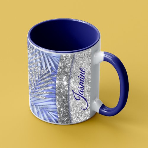 Elegant blue purple silver glitter leaves monogram mug