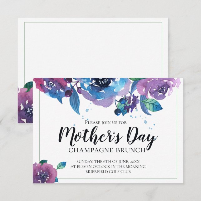 Elegant Blue Purple Twilight Floral Mothers Day Invitation (Front/Back)
