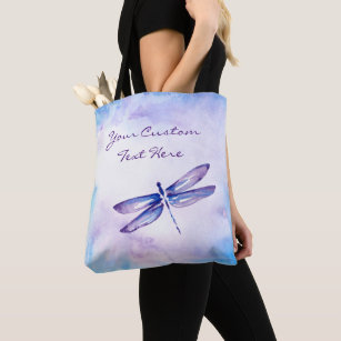 Elegant Blue Purple Watercolor Dragonfly Tote Bag