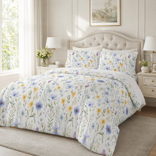 Elegant Blue Purple Watercolor Wildflower Duvet Cover