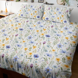 Elegant Blue Purple Watercolor Wildflower Duvet Cover