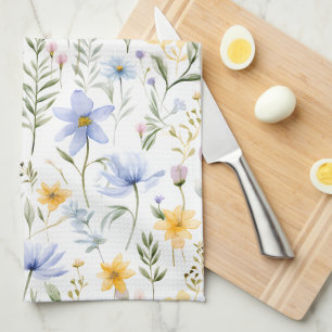 Elegant Blue Purple Watercolor Wildflower Kitchen Towel
