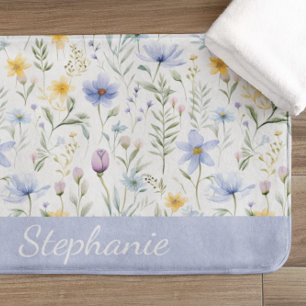 Elegant Blue Purple Watercolor Wildflower Name Bath Mat