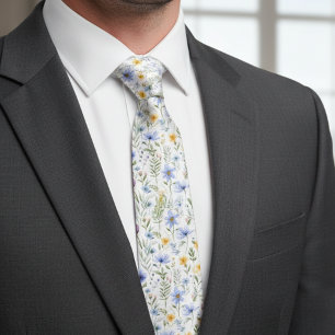 Elegant Blue Purple Watercolor Wildflower Neck Tie
