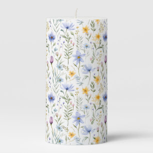Elegant Blue Purple Watercolor Wildflower Pillar Candle