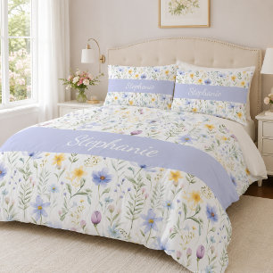 Elegant Blue Purple Watercolor Wildflower Pillow Case
