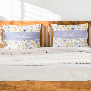 Elegant Blue Purple Watercolor Wildflower Pillow Case