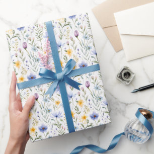 Elegant Blue Purple Watercolor Wildflower Wrapping Paper