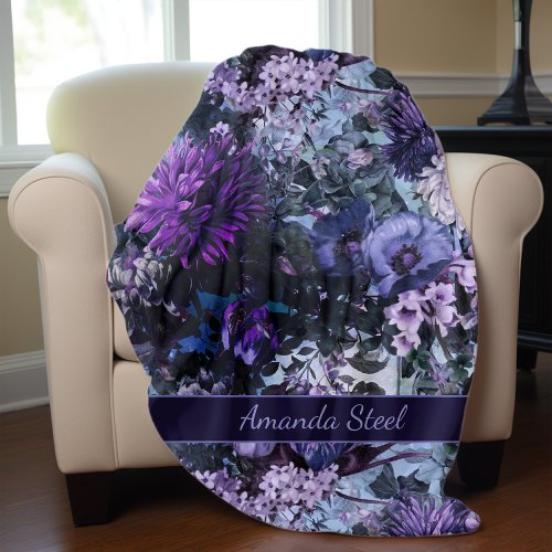 Elegant blue purples floral monogrammed fleece blanket