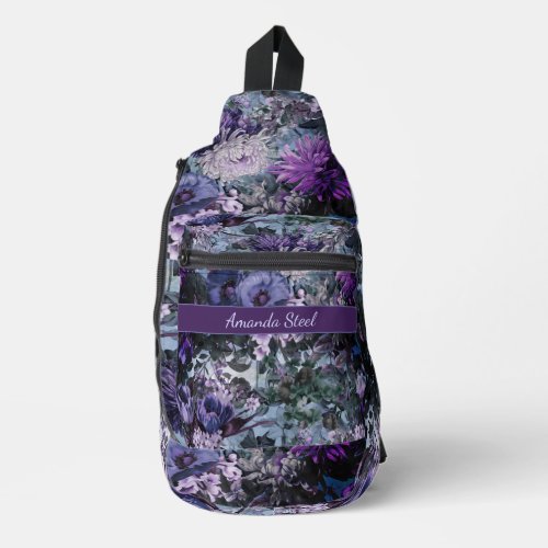 Elegant blue purples floral monogrammed printed sling bag