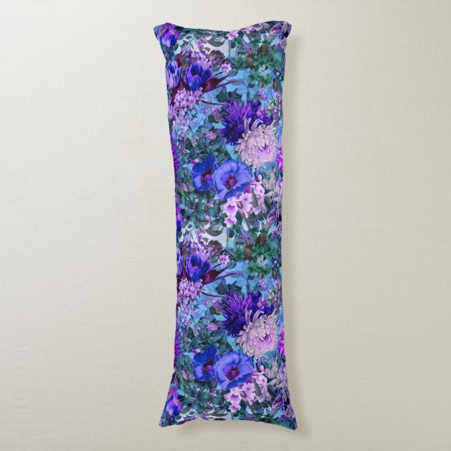 Elegant blue purples floral pattern body pillow (Front Vertical)