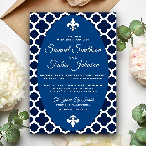 Elegant Blue Quatrefoil Oval Wedding Invitation