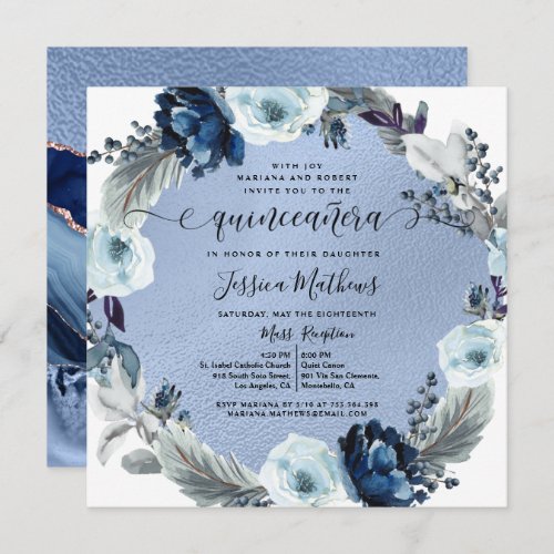 Elegant Blue Quinceaera Floral Blue FoilAgate  Invitation