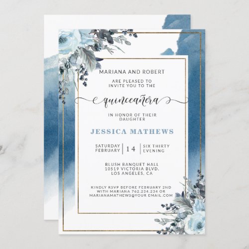 Elegant Blue Quinceaera Watercolor and Floral Invitation