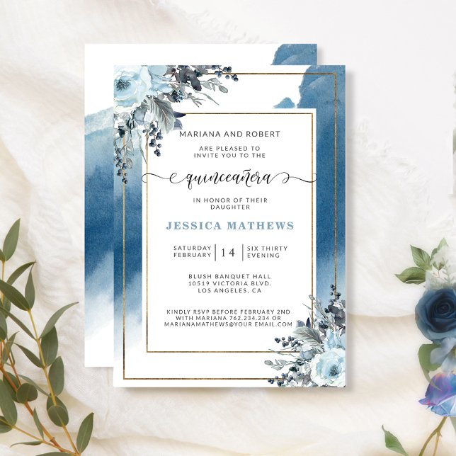 Elegant Blue Quinceañera Watercolor and Floral Invitation (Creator Uploaded)