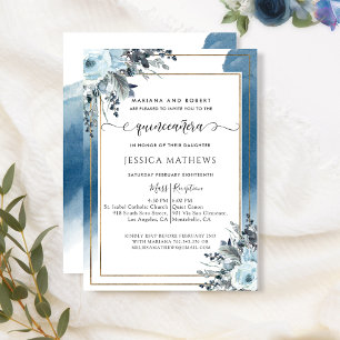 Elegant Blue Quinceañera Watercolor with Floral Invitation