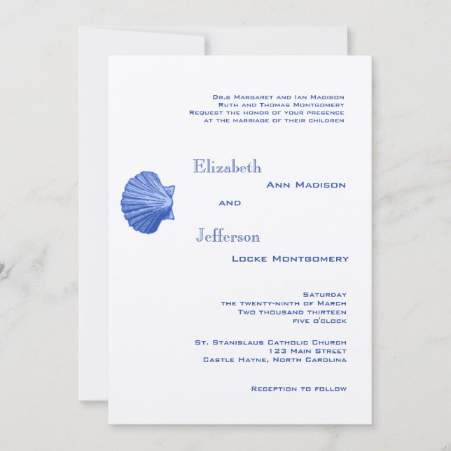 Elegant Blue Rattan Seashell Wedding Invitation (Front)