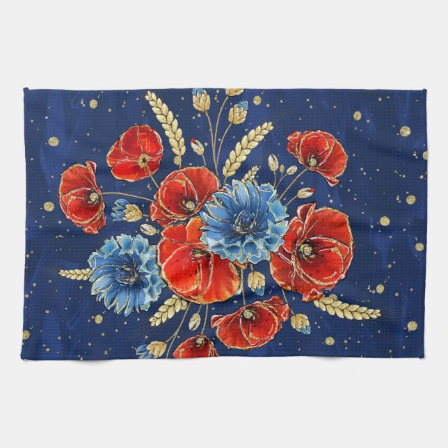 Elegant Blue, Red and Gold Remembrance Poppies Kitchen Towel (Horizontal)