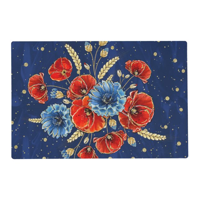 Elegant Blue, Red and Gold Remembrance Poppies Placemat (Front)