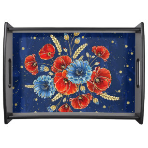 Elegant Blue, Red and Gold Remembrance Poppies Serving Tray