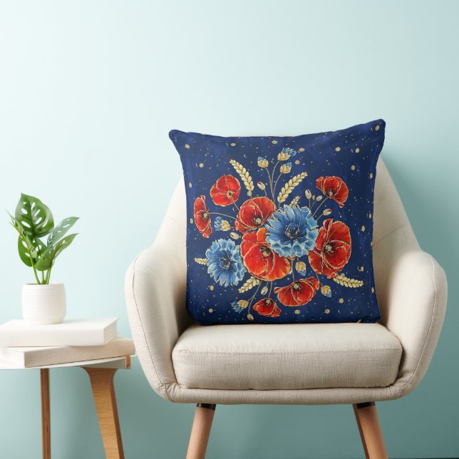 Elegant Blue, Red and Gold Remembrance Poppies Throw Pillow (Chair)
