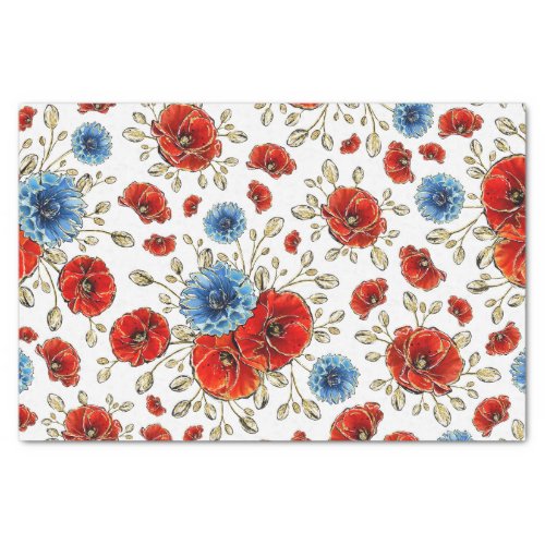 Elegant Blue Red and Gold Remembrance Poppies Tissue Paper