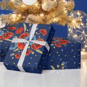 Elegant Blue, Red and Gold Remembrance Poppies Wrapping Paper