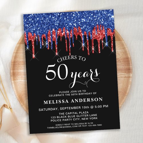 Elegant Blue Red Black Glitter Drip 50th Birthday Invitation Postcard